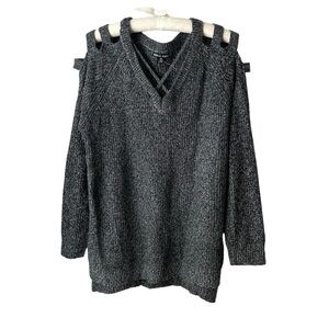 Moral Fiber Cold Shoulder Strappy V-Neck Pullover Sweater Dark Heather Gray 3X